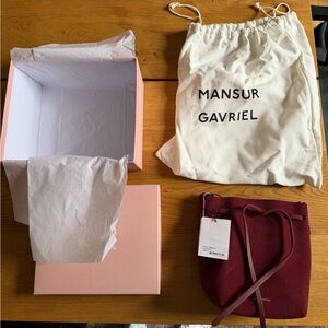 Mansur Gavriel Wine Red Suede Mini Bucket Bag with Crossbody Strap